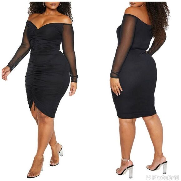 Sexy Mesh Bodycon Off Shoulder Long Sleeve Ruched Drawstring Knee Length Dress - Picture 1 of 14